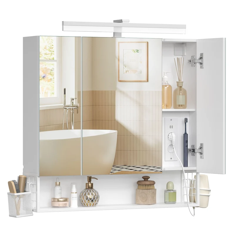 Armadietto bagno a parete con LED specchio e prese