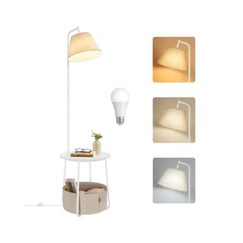 Tavolino con lampada da terra e cesto in tessuto