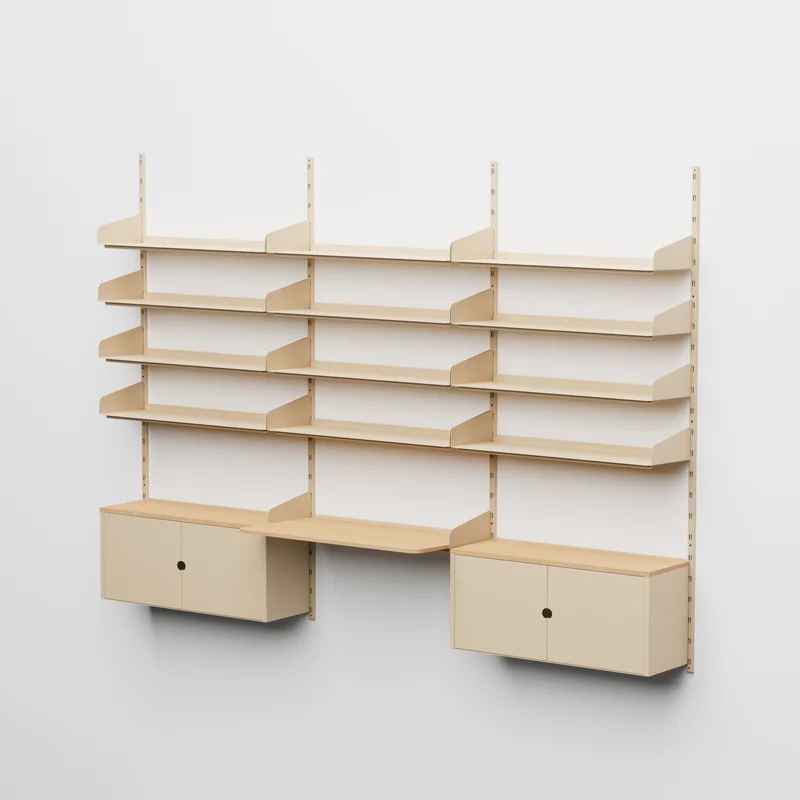 Linnea - Sistema Modulare a Parete - con 12 Mensole da 90 cm, 2 Moduli Contenitore e Scrivania Sospesa, campata tripla - Beige Luxor (COD01183)