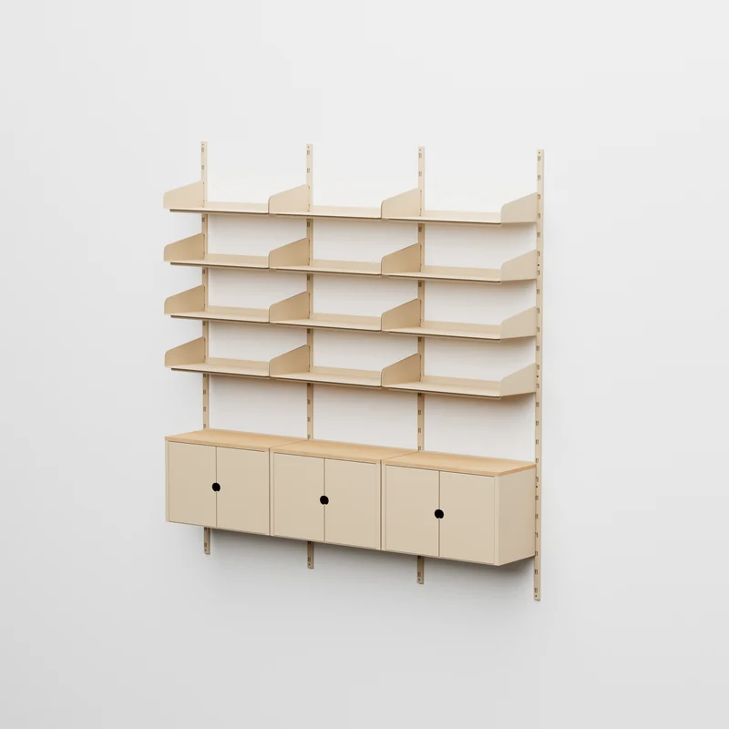 Linnea - Sistema Modulare a Parete - 12 Mensole 60 cm e 3 Moduli Contenitore, Campata Tripla - Beige Luxor (COD01183)