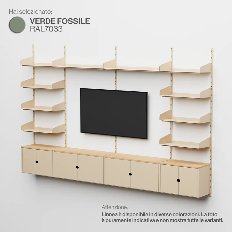 Linnea - Sistema Parete Attrezzata con Supporto TV, 10 mensole e 4 moduli contenitori - Verde Fossile
