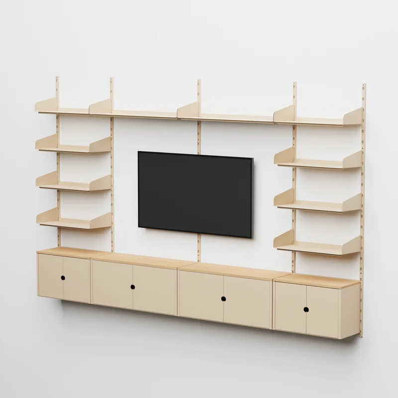 Linnea - Sistema Parete Attrezzata con Supporto TV, 10 mensole e 4 moduli contenitori - Beige Luxor