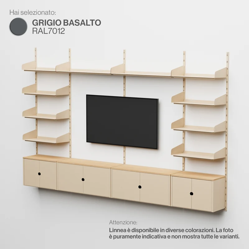 Linnea - Sistema Parete Attrezzata con Supporto TV, 10 mensole e 4 moduli contenitori - Grigio Basalto