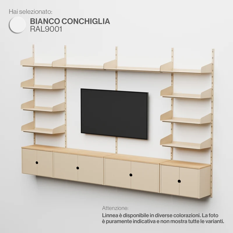 Linnea - Sistema Parete Attrezzata con Supporto TV, 10 mensole e 4 moduli contenitori - Bianco Conchiglia