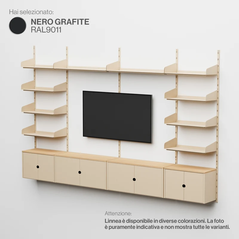Linnea - Sistema Parete Attrezzata con Supporto TV, 10 mensole e 4 moduli contenitori - Nero Grafite
