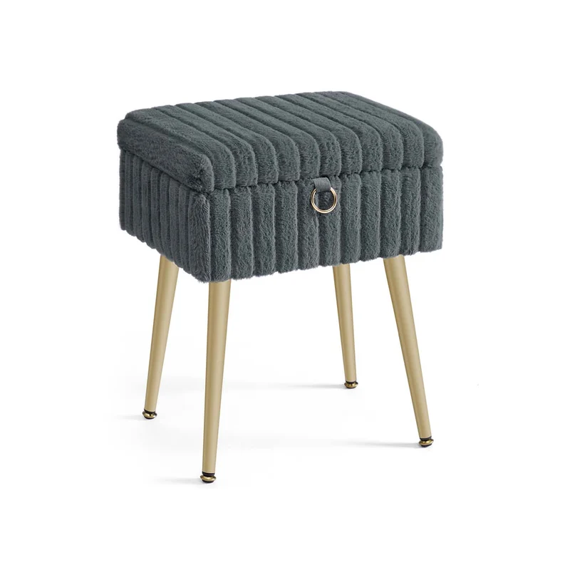 Sgabello da trucco imbottito con contenitore e gambe in metallo