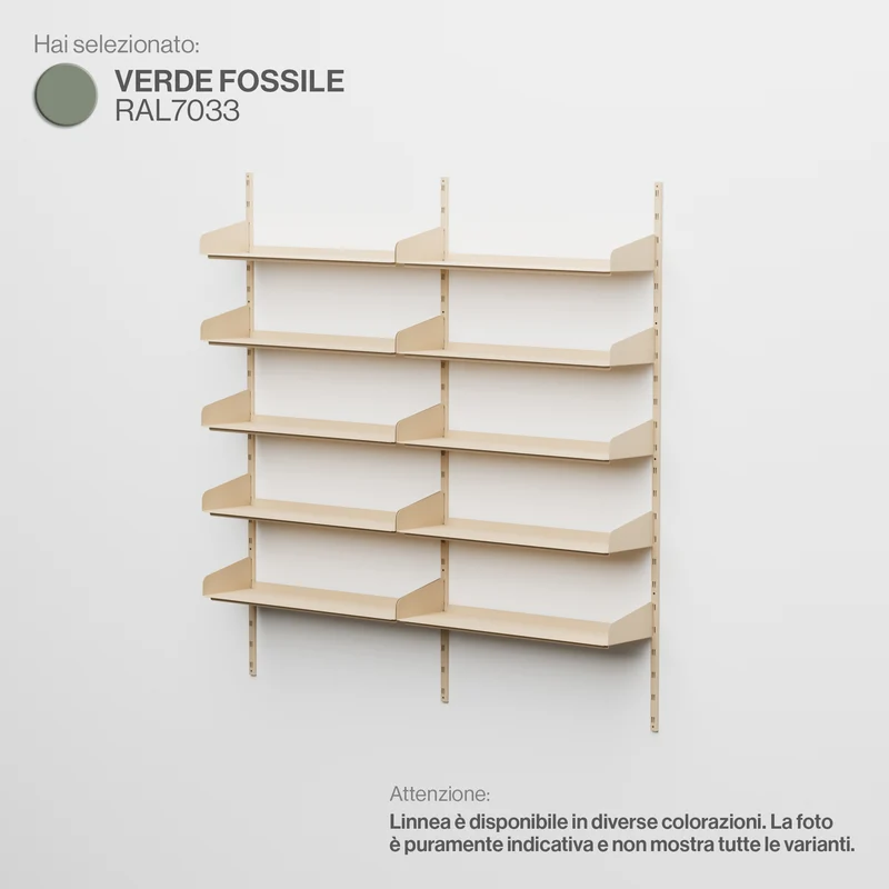 Linnea - Sistema Modulare a Parete con 10 mensole da 90 cm, campata doppia - Verde Fossile (RAL7033)
