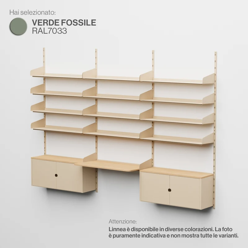 Linnea - Sistema Modulare a Parete con 12 mensole da 90 cm, 2 moduli contenitore e scrivania sospesa, campata tripla- Verde Fossile (RAL7033)