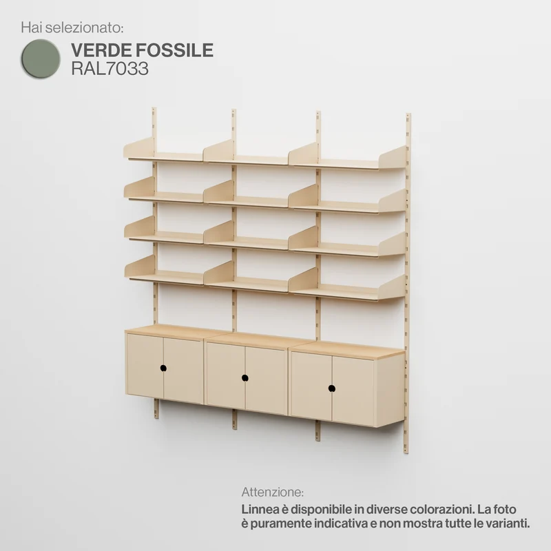 Linnea - Sistema Modulare a Parete con 12 mensole 60 cm e 3 moduli contenitore, campata tripla - Verde Fossile (RAL7033)