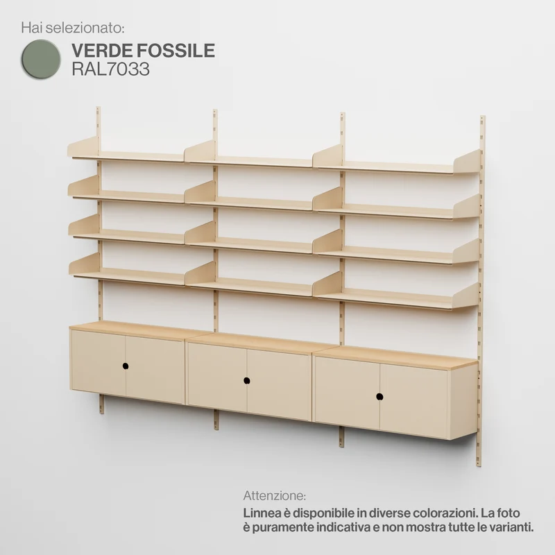 Linnea - Sistema Modulare a Parete con 12 mensole 90 cm e 3 moduli contenitore, campata tripla - Verde Fossile (RAL7033)