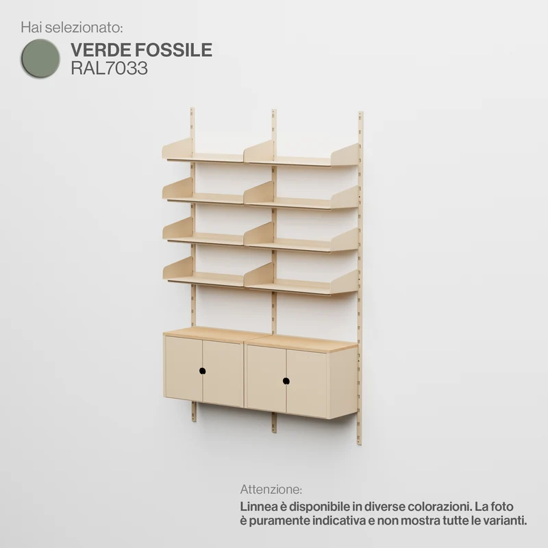 Linnea - Sistema Modulare a Parete con 8 mensole 60 cm e 2 moduli contenitore, campata doppia - Verde Fossile (RAL7033)