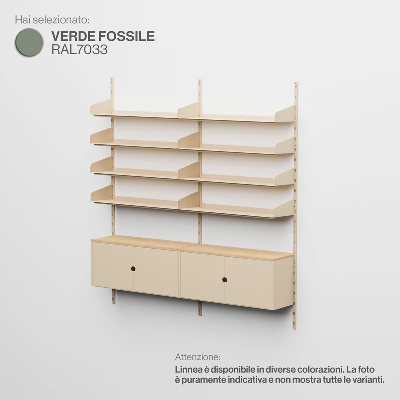 Linnea - Sistema Modulare a Parete con 8 mensole 90 cm e 2 moduli contenitore, campata doppia - Verde Fossile (RAL7033)