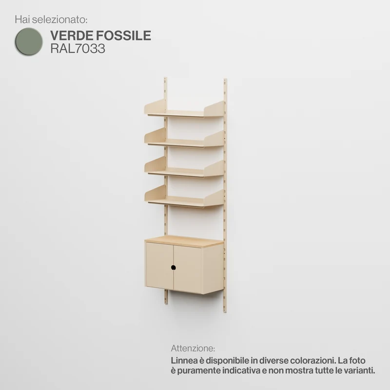 Linnea - Sistema Modulare a Parete con 4 mensole 60 cm e modulo contenitore, campata singola - Verde Fossile (RAL7033)