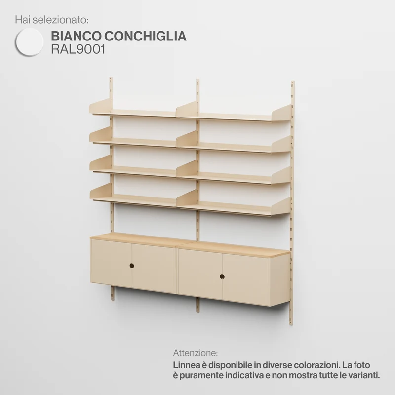 Linnea - Sistema Modulare a Parete - 8 Mensole 90 cm e 2 Moduli Contenitore, Campata Doppia - Bianco Conchiglia (RAL9001)