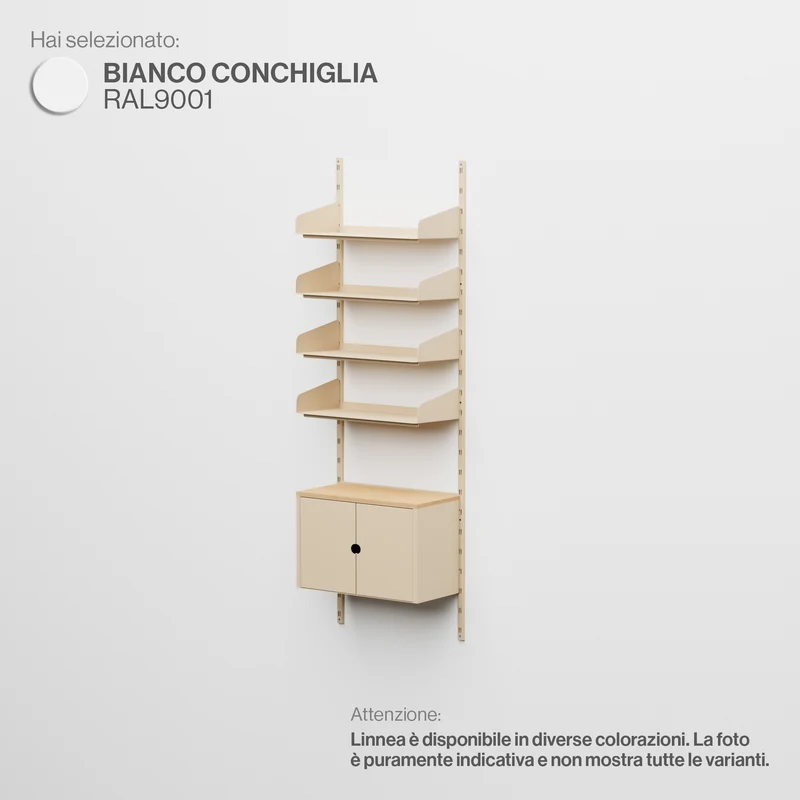 Linnea - Sistema Modulare a Parete - 4 Mensole 60 cm e Moduli Contenitore, Campata Singola - Bianco Conchiglia (RAL9001)