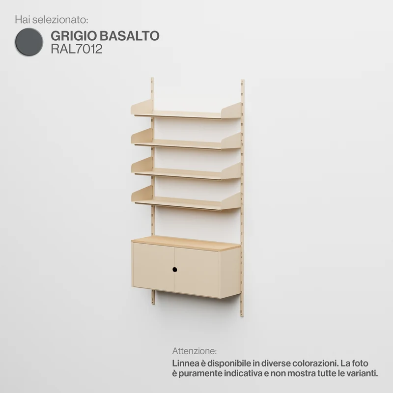 Linnea - Sistema Modulare a Parete - 4 Mensole 90 cm e Moduli Contenitore, Campata Singola- Grigio Basalto (RAL7012)