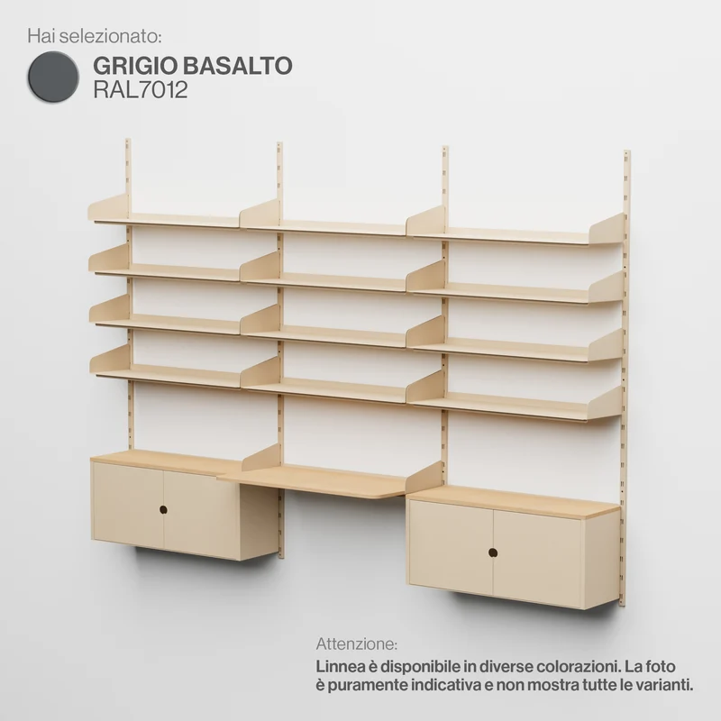 Linnea - Sistema Modulare a Parete - con 12 Mensole da 90 cm, 2 Moduli Contenitore e Scrivania Sospesa, campata tripla - Grigio Basalto (RAL7012)
