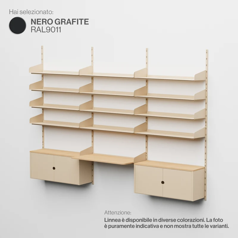 Linnea - Sistema Modulare a Parete - con 12 Mensole da 90 cm, 2 Moduli Contenitore e Scrivania Sospesa, campata tripla - Nero Grafite (RAL9011)