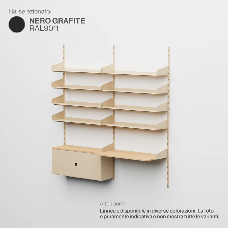 Linnea - Sistema Modulare a Parete - con 8 Mensole da 90 cm, 1 Modulo Contenitore e Scrivania Sospesa, campata doppia - Nero Grafite (RAL9011)