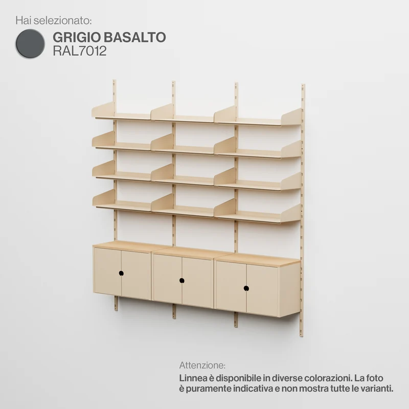 Linnea - Sistema Modulare a Parete - 12 Mensole 60 cm e 3 Moduli Contenitore, Campata Tripla - Grigio Basalto (RAL7012)