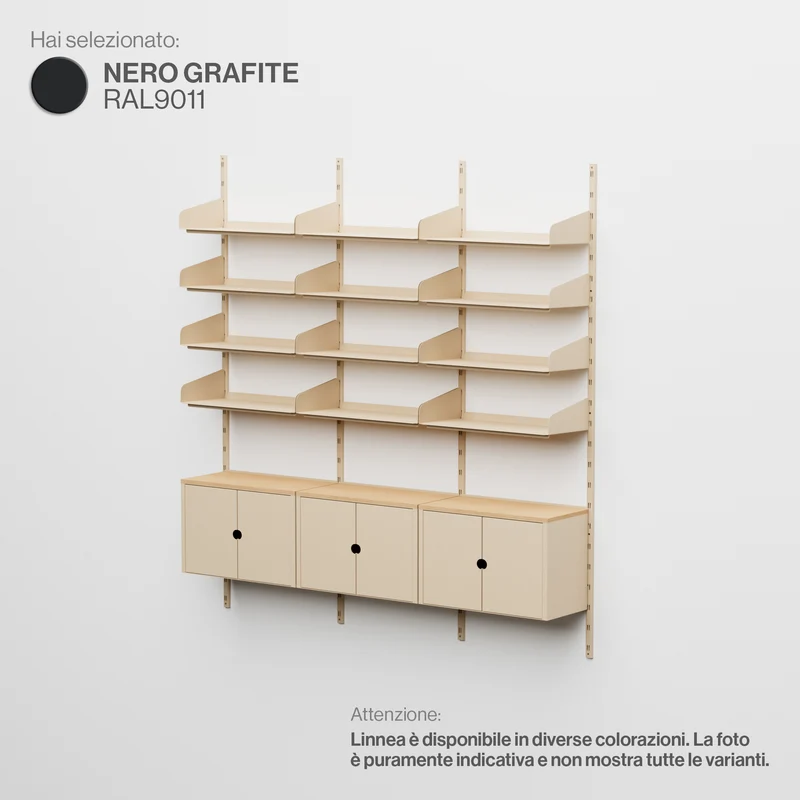 Linnea - Sistema Modulare a Parete - 12 Mensole 60 cm e 3 Moduli Contenitore, Campata Tripla - Nero Grafite (RAL9011)