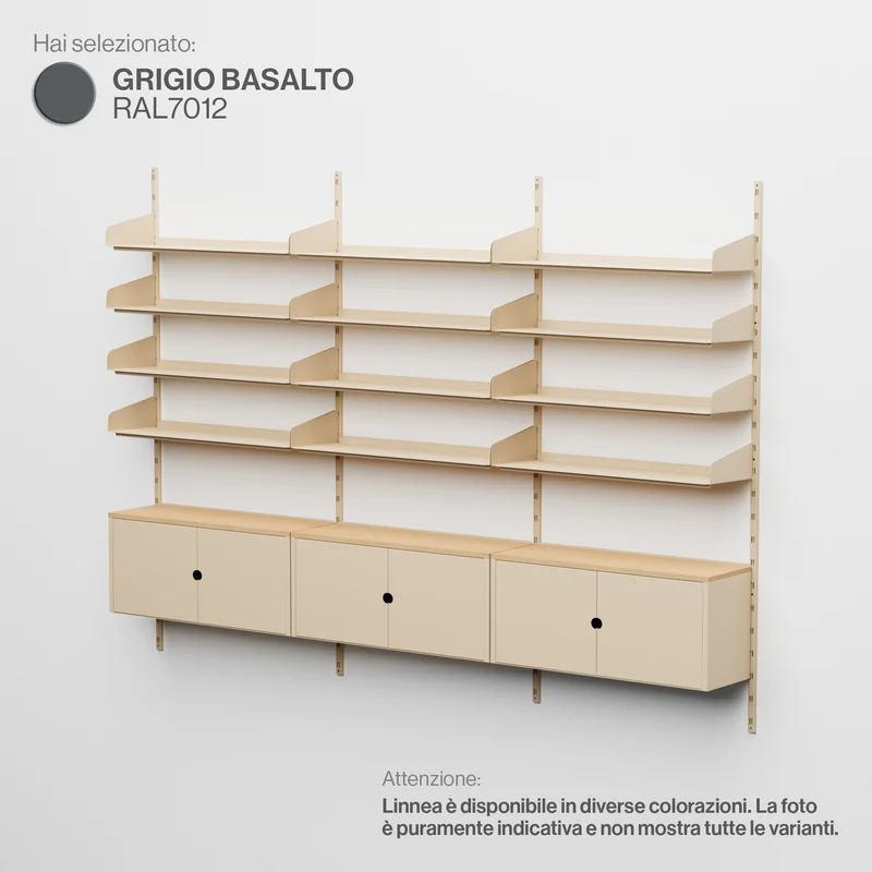Linnea - Sistema Modulare a Parete - 12 Mensole 90 cm e 3 Moduli Contenitore, Campata Tripla - Grigio Basalto (RAL7012)