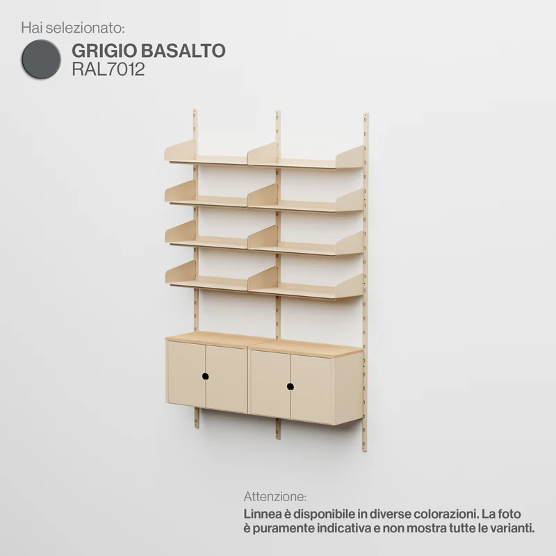 Linnea - Sistema Modulare a Parete - 8 Mensole 60 cm e 2 Moduli Contenitore, Campata Doppia - Grigio Basalto (RAL7012)