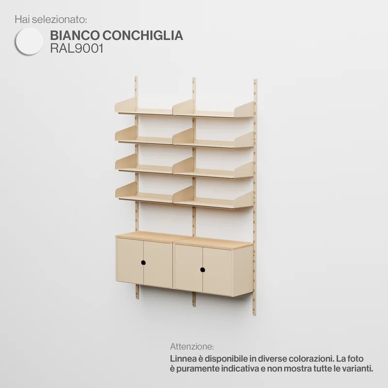 Linnea - Sistema Modulare a Parete - 8 Mensole 60 cm e 2 Moduli Contenitore, Campata Doppia - Bianco Conchiglia (RAL9001)