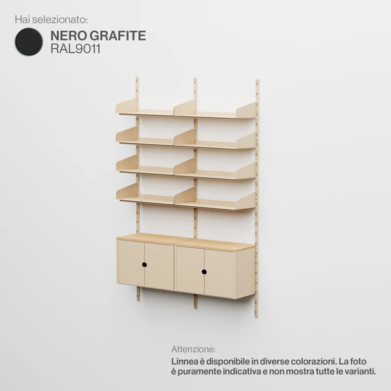Linnea - Sistema Modulare a Parete - 8 Mensole 60 cm e 2 Moduli Contenitore, Campata Doppia - Nero Grafite (RAL9011)