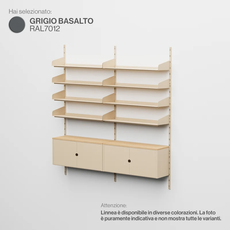 Linnea - Sistema Modulare a Parete - 8 Mensole 90 cm e 2 Moduli Contenitore, Campata Doppia - Grigio Basalto (RAL7012)