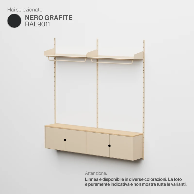 Linnea - Sistema Modulare a Parete con 2 barre appendiabiti e 2 moduli contenitore, campata doppia (larghezza 90 cm) - Nero Grafite