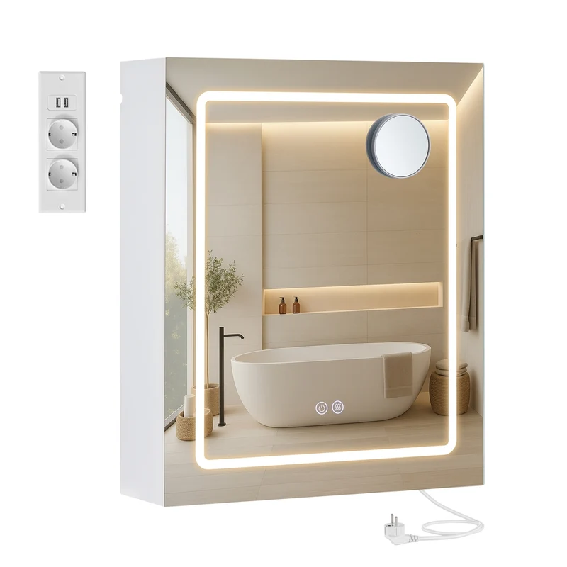 Armadietto a specchio da bagno con LED presa multipla e antiappannamento