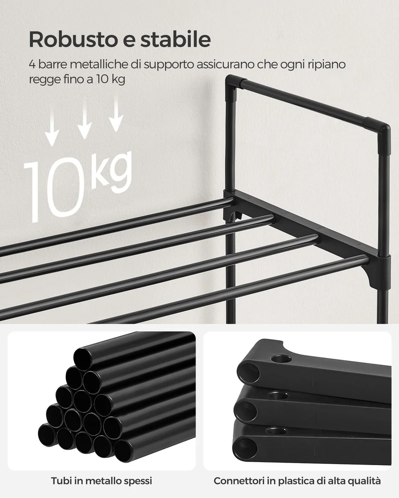 SONGMICS Scarpiera a 3 Ripiani, Set da 2, Scaffale Portascarpe, Organizzatore in Metallo, per 12/15 Paia di Scarpe, Impilabile, Corridoio, Soggiorno, Camera da Letto, 30 x 92 x 55 cm, Nero