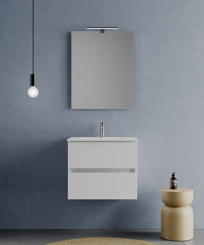 Consolle Bagno Legnox Crea 60 cm Bianco Neve 2 Cassetti, Lavabo, Specchio e Lampada