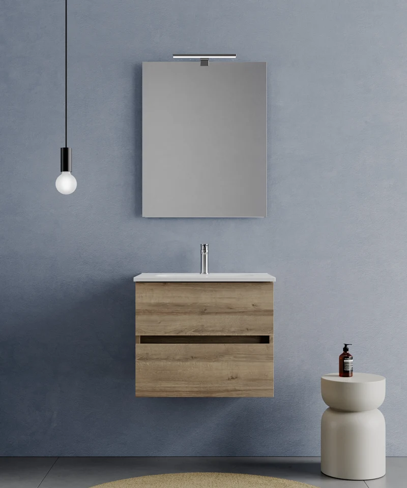 Consolle Bagno Legnox Crea 60 cm Rovere 2 Cassetti, Lavabo, Specchio e Lampada