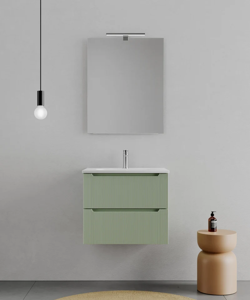 Consolle Bagno Legnox Rigo 60 cm Verde con 2 Cassetti, Lavabo, Specchio e Lampada