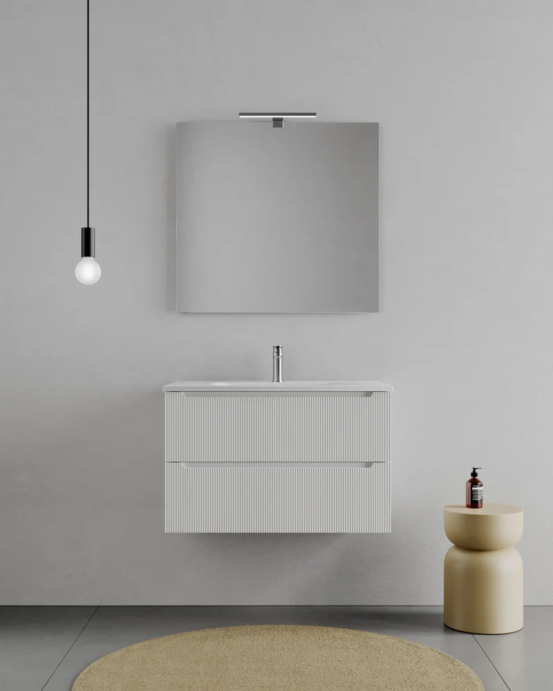 Consolle Bagno Legnox Rigo 60 cm Bianco Neve con 2 Cassetti, Lavabo, Specchio e Lampada