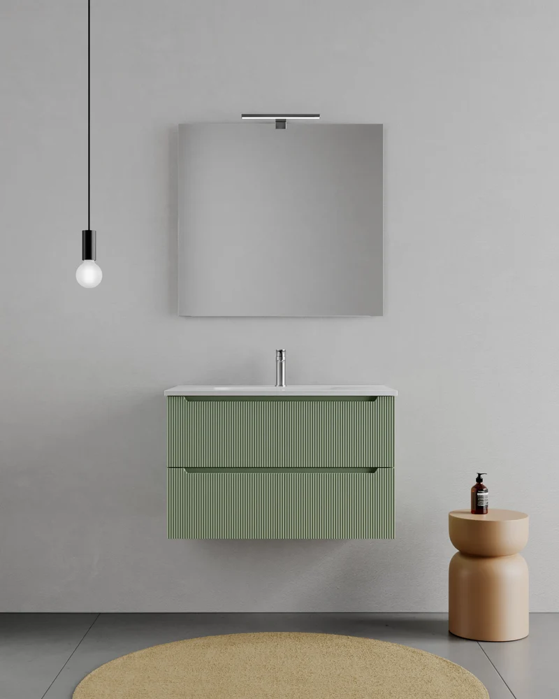 Consolle Bagno Legnox Rigo 80 cm Verde con 2 Cassetti, Lavabo, Specchio e Lampada