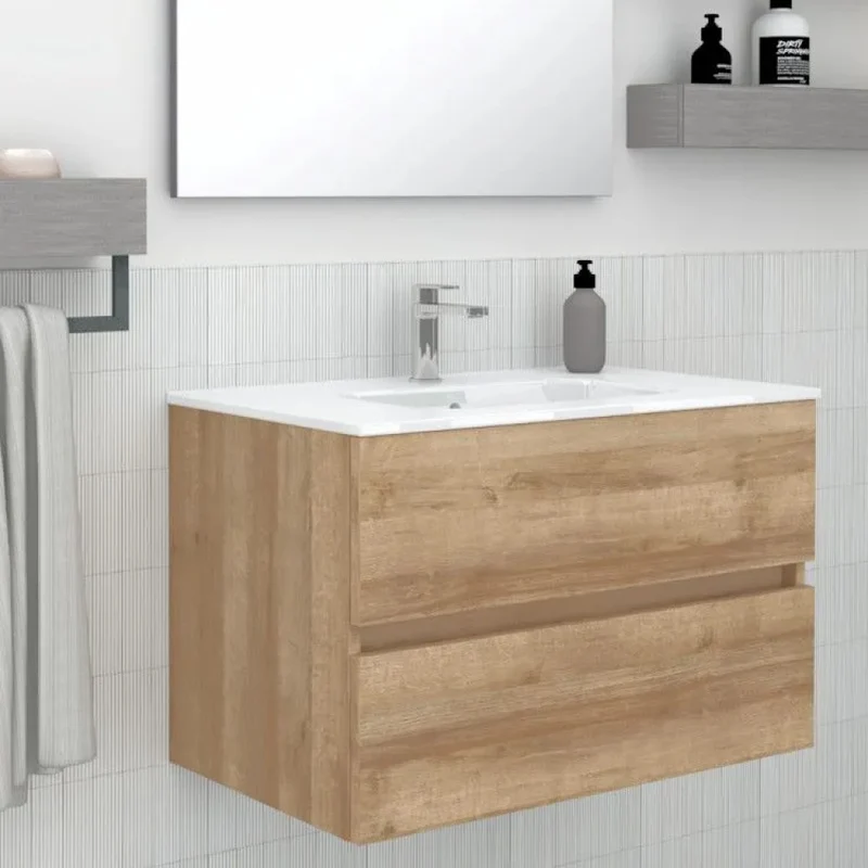 Consolle Bagno Legnox Crea 80 cm Rovere con 2 Cassetti, Lavabo, Specchio e Lampada
