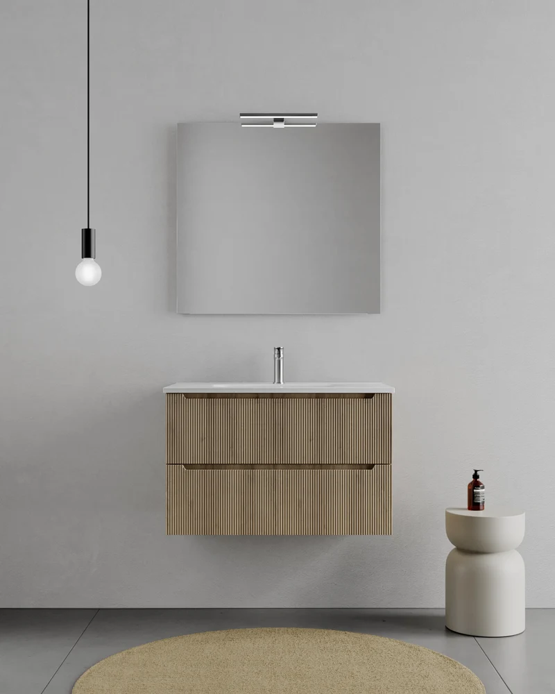 Consolle Bagno Legnox Rigo 100 cm Rovere con 2 Cassetti, Lavabo, Specchio e Lampada