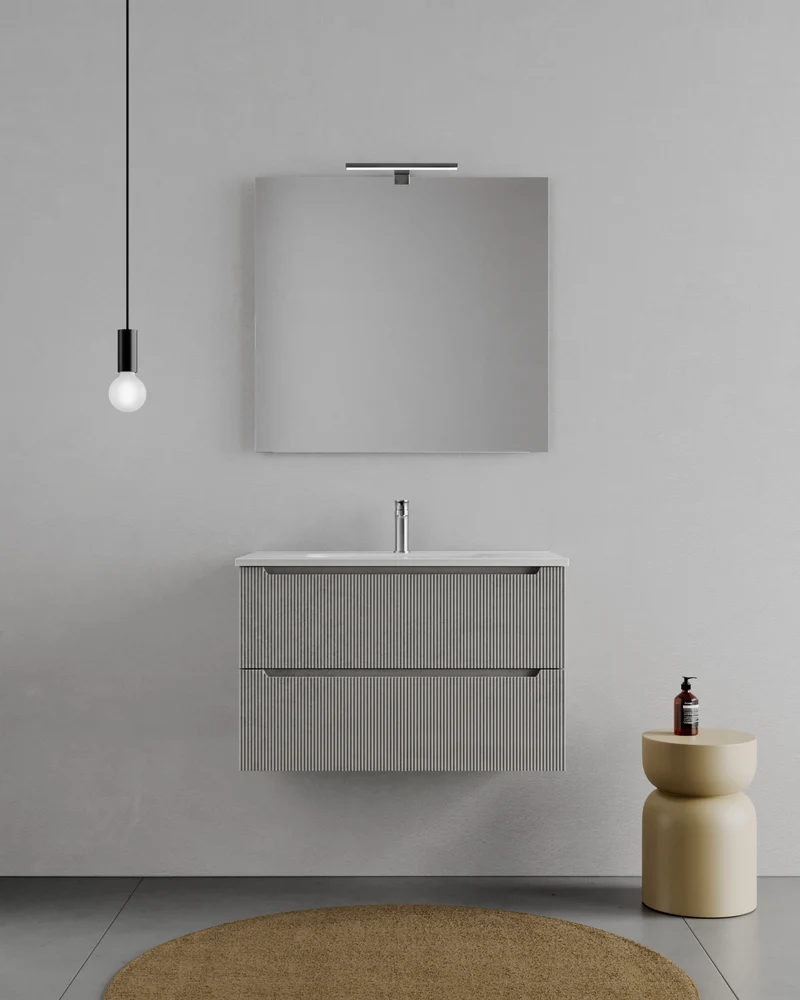 Consolle Bagno Legnox Rigo 100 cm Cemento Caldo con 2 Cassetti, Lavabo, Specchio e Lampada