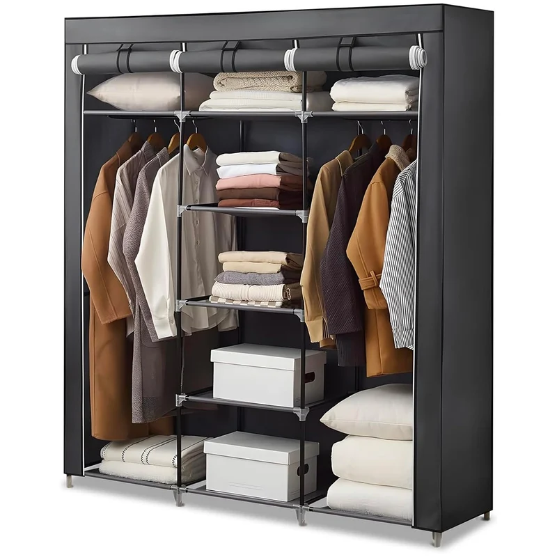 Armadio Portaoggetti Con Telo Di Copertura E 9 Ripiani 150x45x175cm