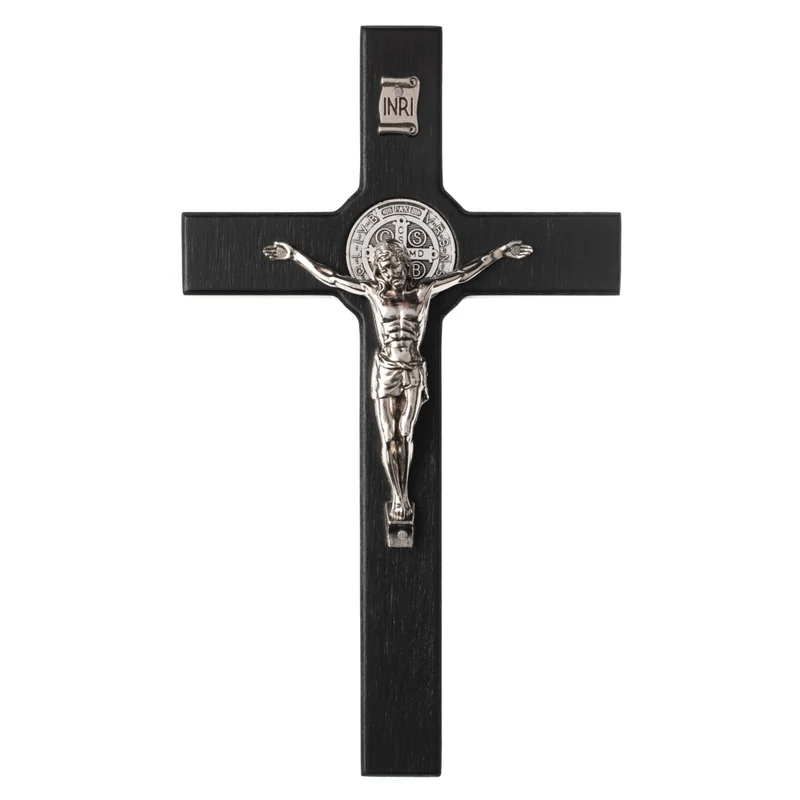 Croce di San Benedetto in legno con pasqua, colore nero 18x10x1,8cm