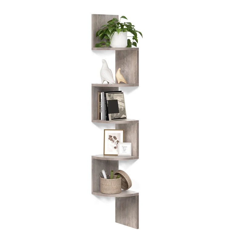Scaffale Angolare a Parete con 5 Ripiani Greige