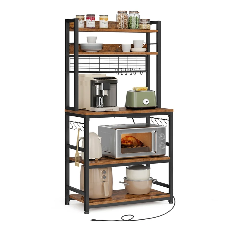 Scaffale Cucina con Multipresa Marrone Vintage e Nero