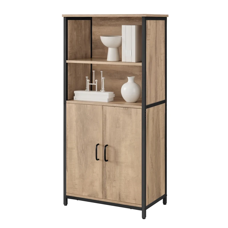 Mobiletto, Credenza, Libreria, 2 Ripiani Aperti e Scomparto con Ripiano Interno Regolabile