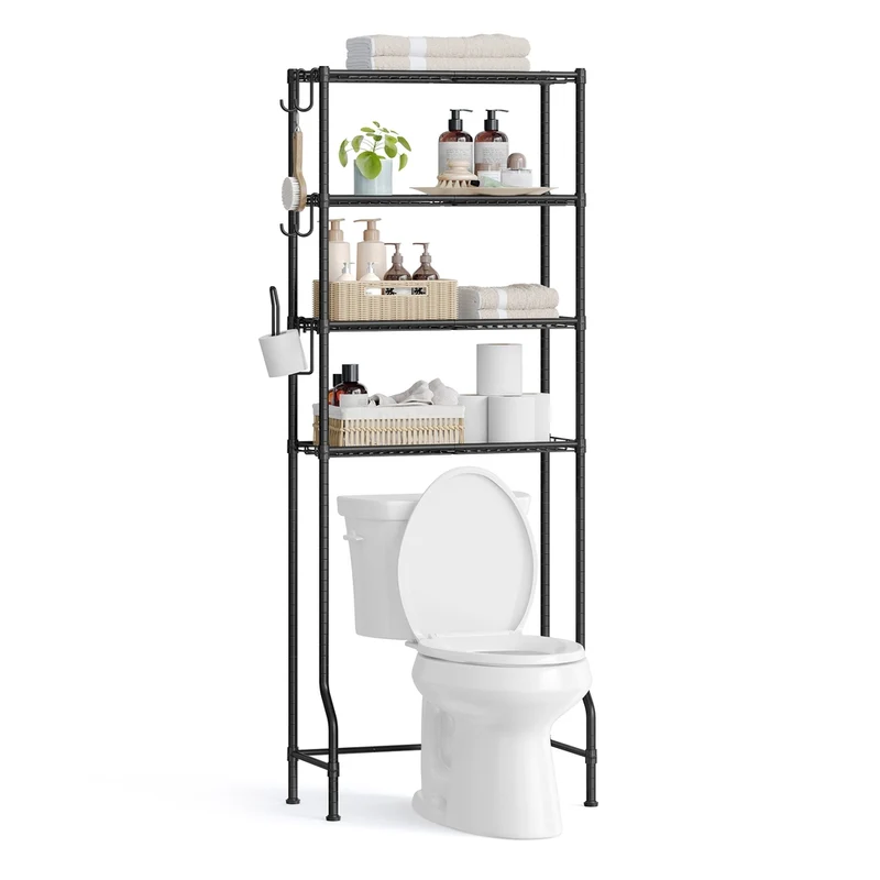 Scaffale sopra WC in Metallo con Ripiani Regolabili Ganci e Portaroloto