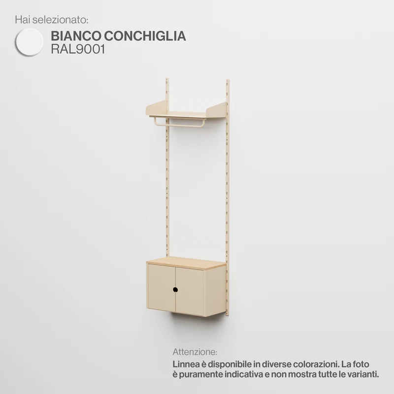 Linnea - Sistema Modulare a Parete con Barra Appendiabiti e Modulo Contenitore, Campata Singola (larghezza 90 cm) - Bianco Conchiglia (RAL9001)