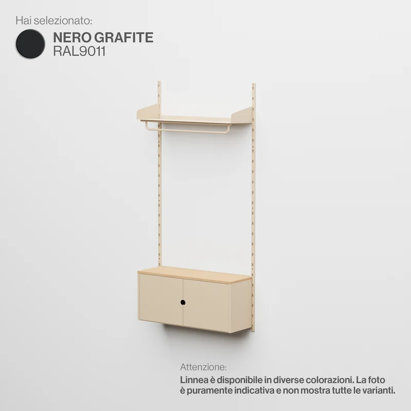Linnea - Sistema Modulare a Parete con Barra Appendiabiti e Modulo Contenitore, Campata Singola (larghezza 90 cm) - Nero Grafite (RAL9011)