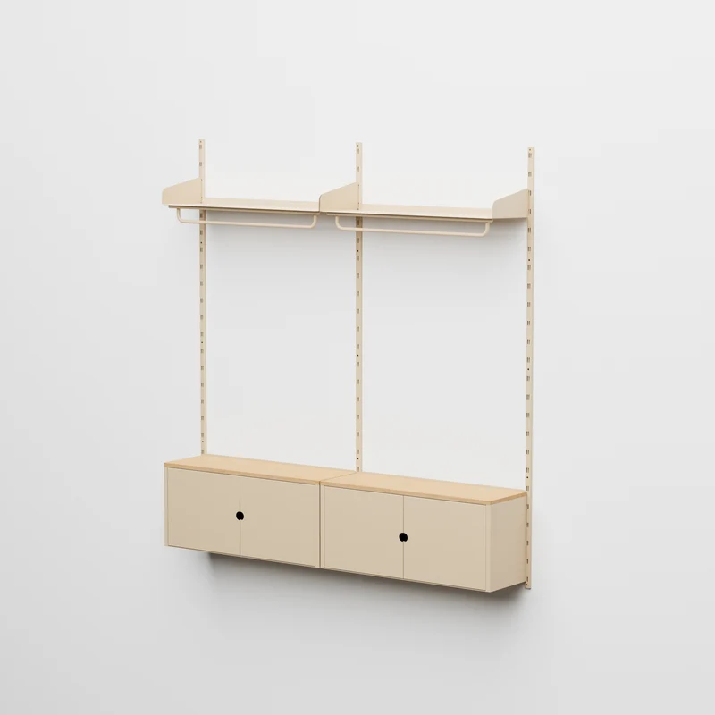 Linnea - Sistema Modulare a Parete con 2 barre appendiabiti e 2 moduli contenitore, campata doppia (larghezza 90 cm) - Beige Luxor